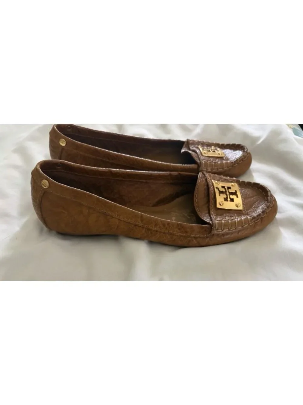 TORY BURCH Tan Carmel Textured Leather Driver Mocs Flats Size 7.5 Slip On